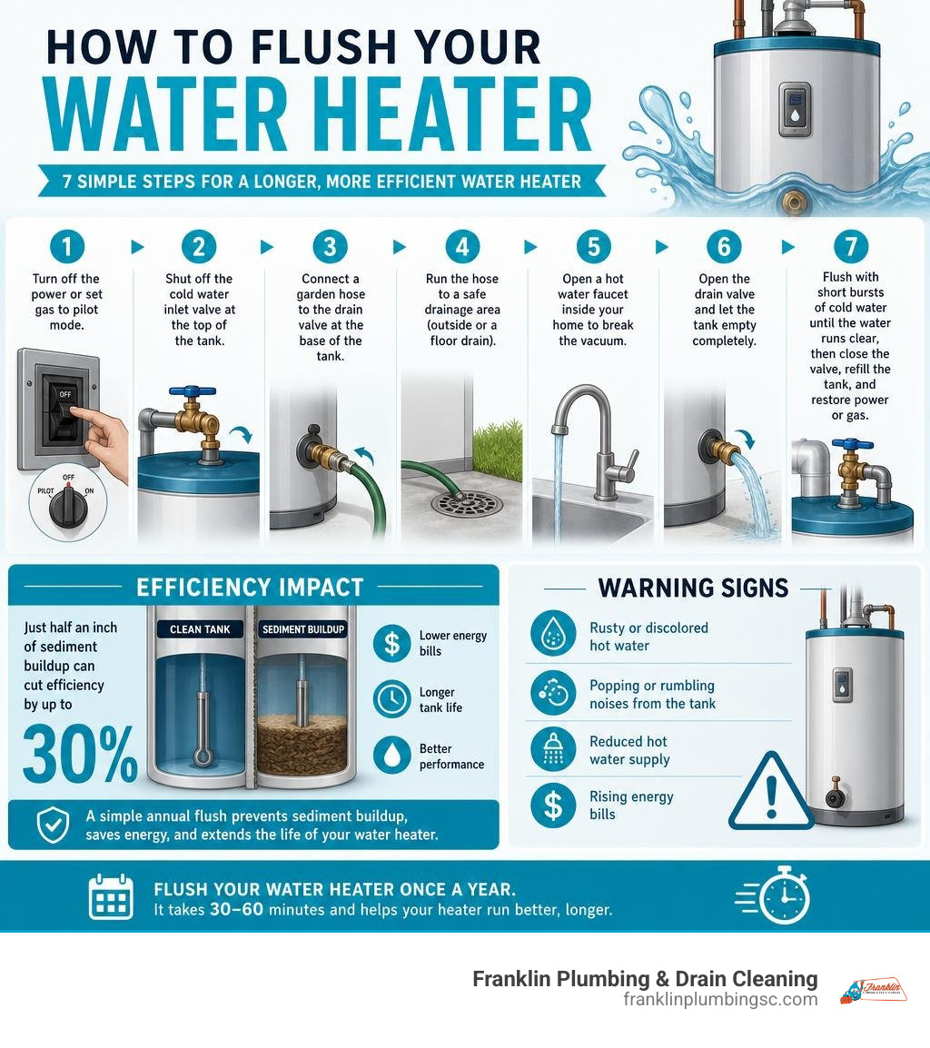 Infographic showing 7 steps to flush a water heater with efficiency stats and warning signs infographic