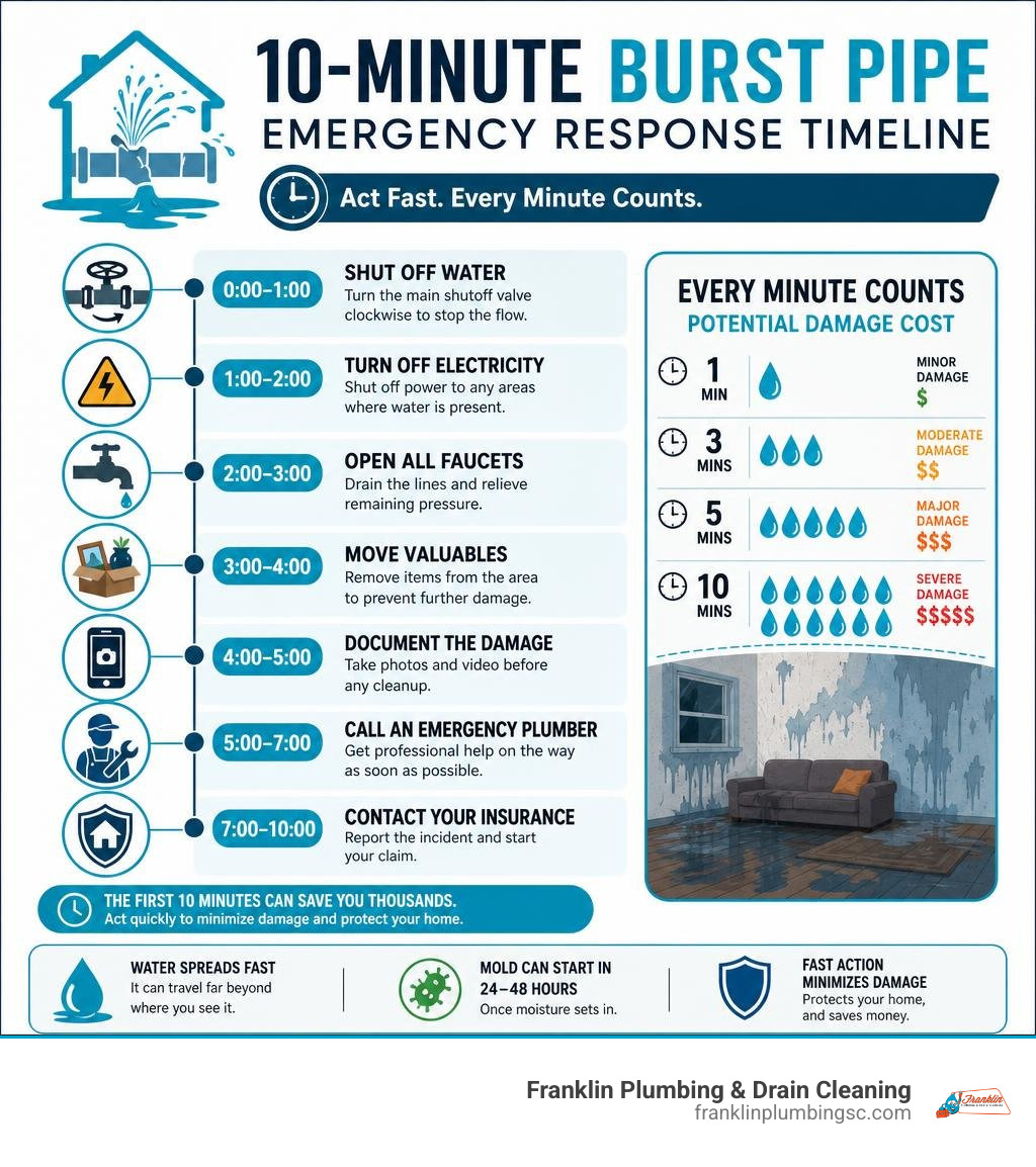 10-minute burst pipe emergency response timeline infographic with steps and damage costs infographic