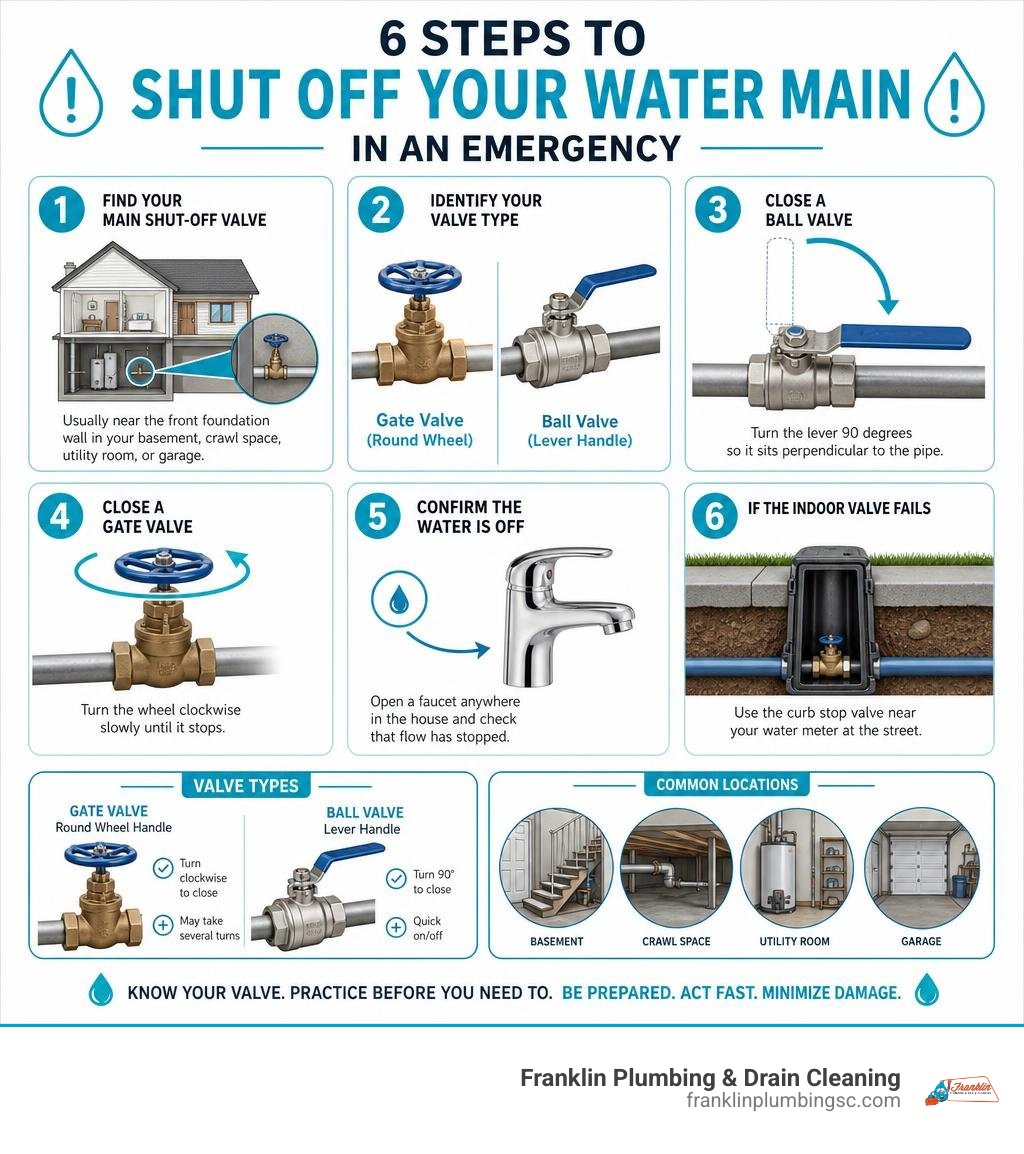 Infographic showing 6 steps to shut off your water main in an emergency with valve types and locations infographic