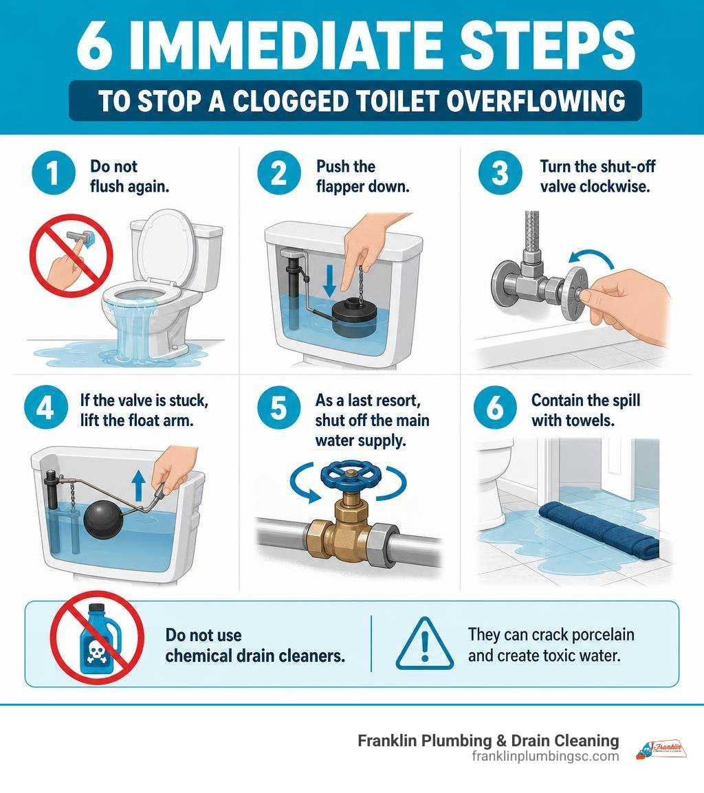 Infographic showing 6 immediate steps to stop a clogged toilet overflowing with icons for each step infographic