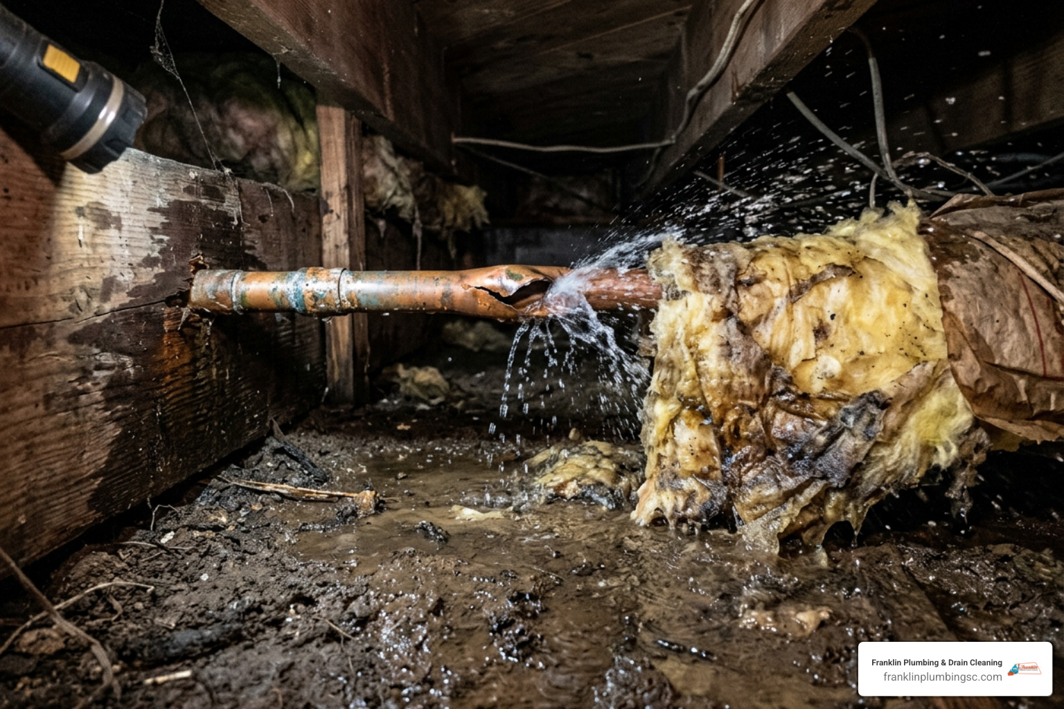 water damage from a burst copper pipe in a home crawl space