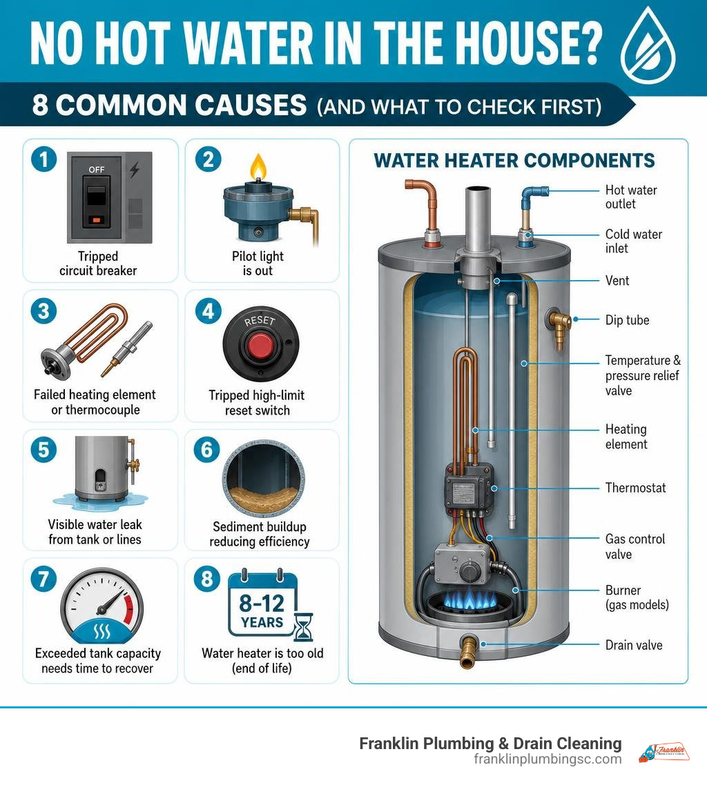 8 common causes of no hot water in house with water heater component diagram infographic