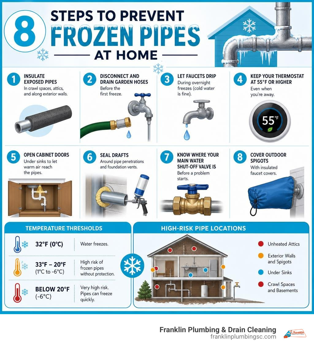 Infographic showing 8 steps to prevent frozen pipes at home with temperature thresholds and risk locations infographic
