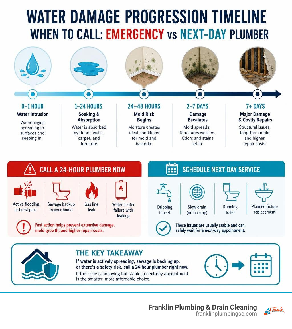 Infographic showing water-damage progression and when to call an emergency or next-day plumber