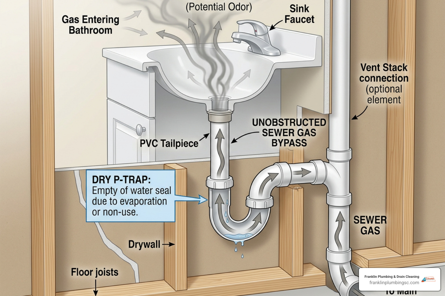 Diagram showing a dry P-trap allowing sewer gas to bypass the water seal and enter a home