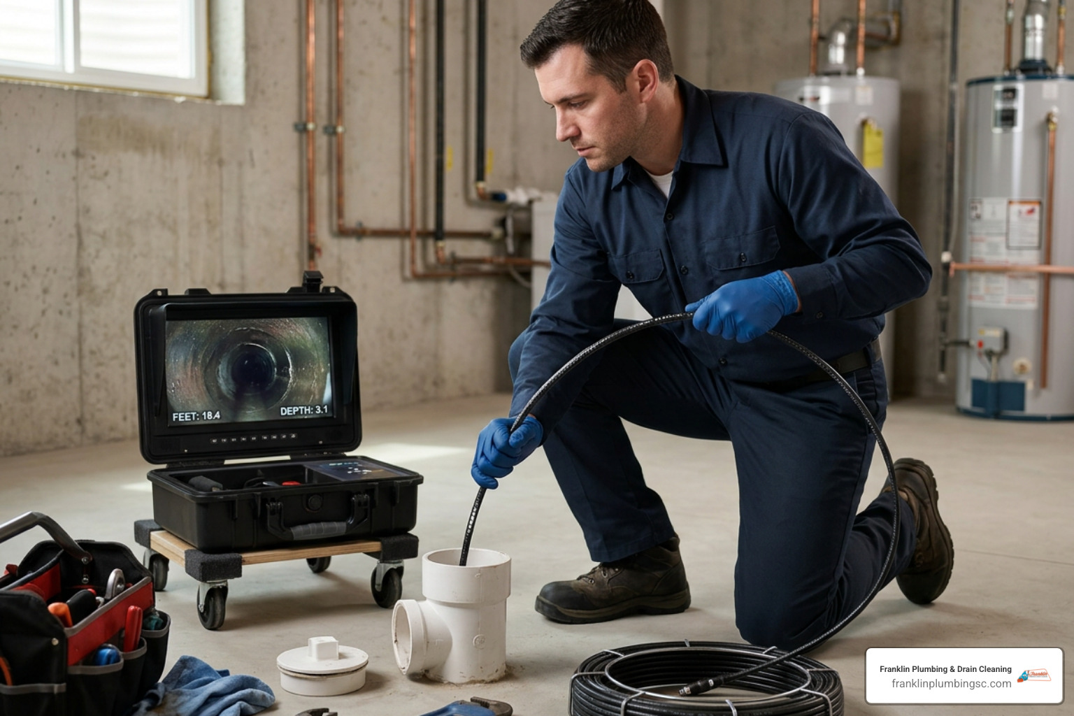 Professional plumber conducting a sewer camera inspection inside a residential pipe