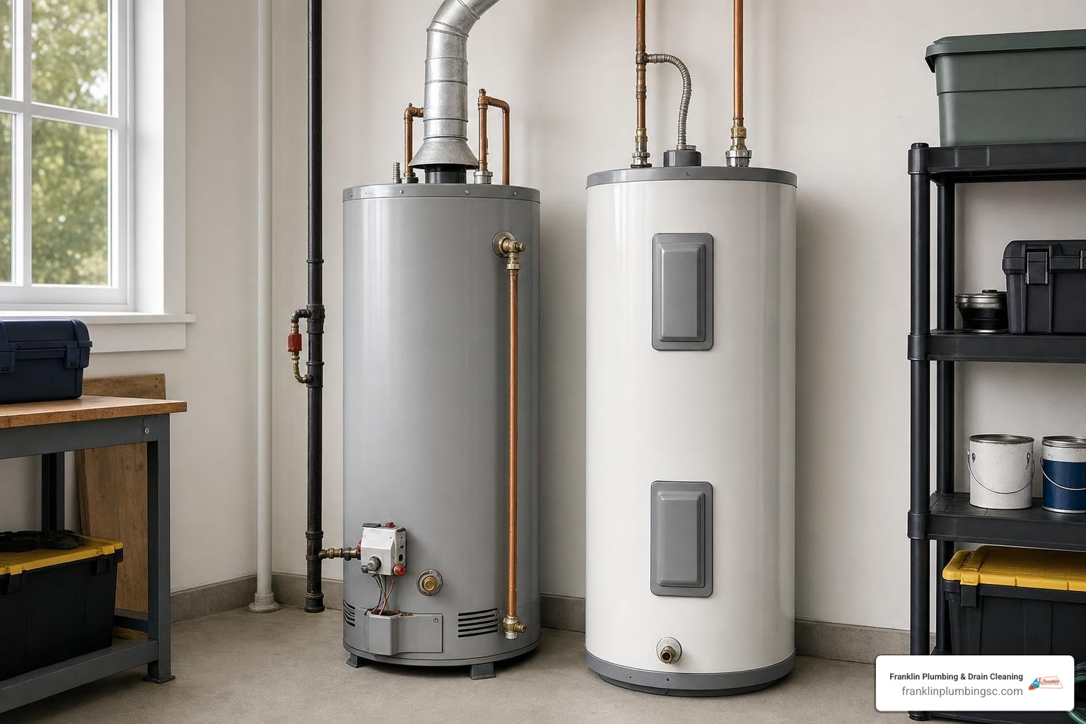 gas and electric water heater units side-by-side