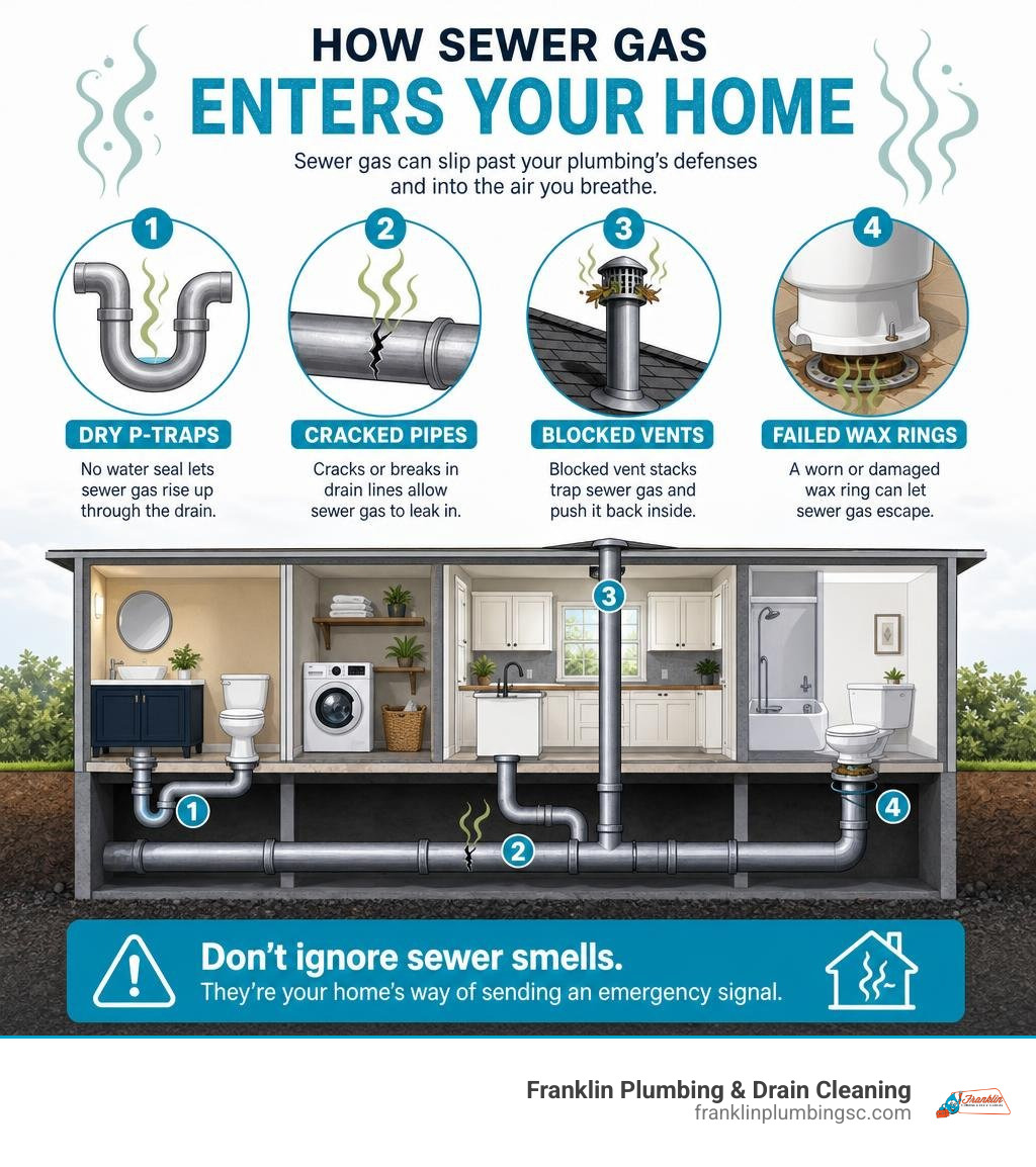 Infographic showing how sewer gas enters a home through dry P-traps, cracked pipes, blocked vents, and failed wax rings