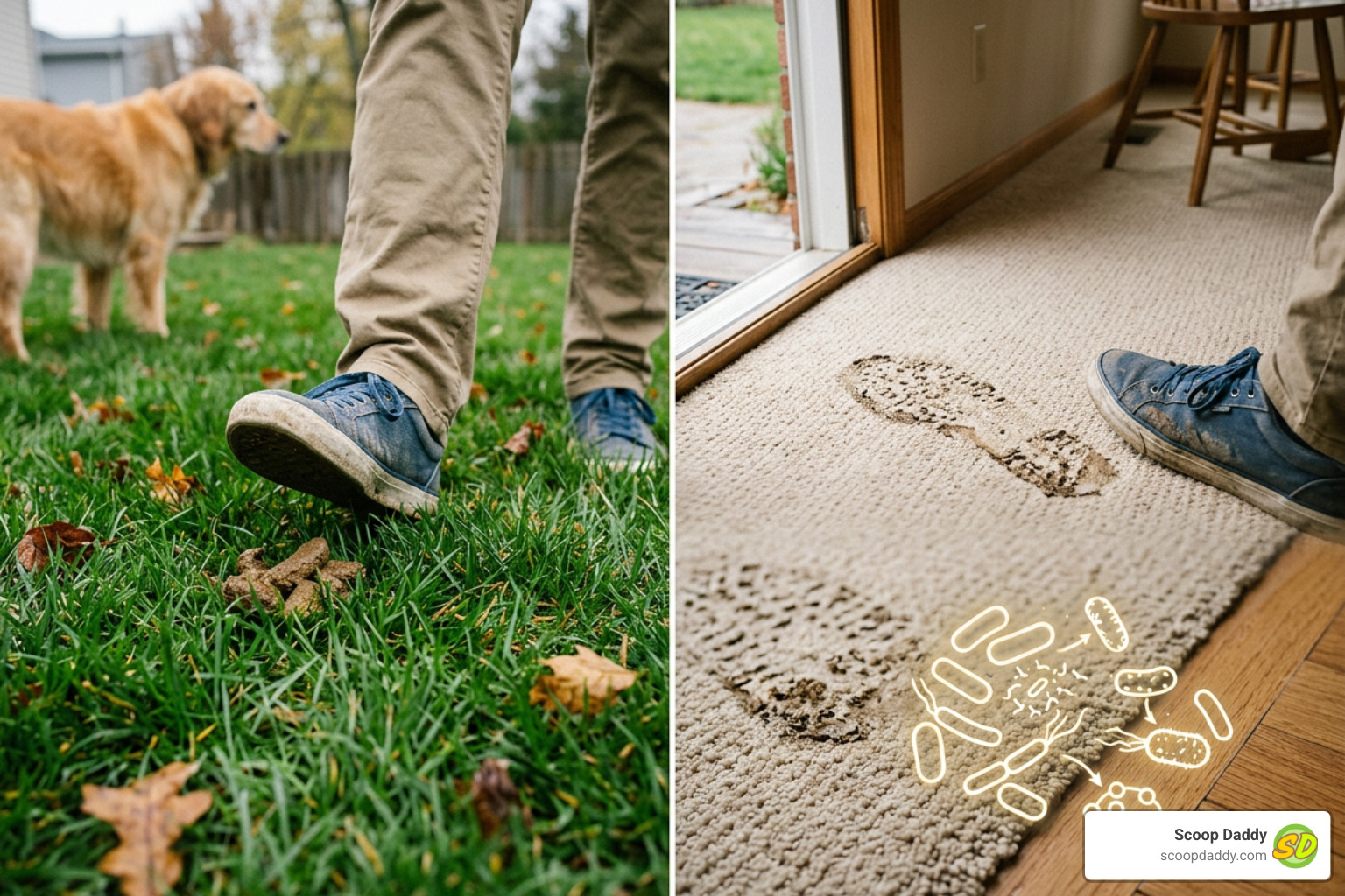 graphic illustrating fecal bacteria transmission from yards to shoes to home floors graphic illustrating fecal bacteria transmission from yards to shoes to home floors