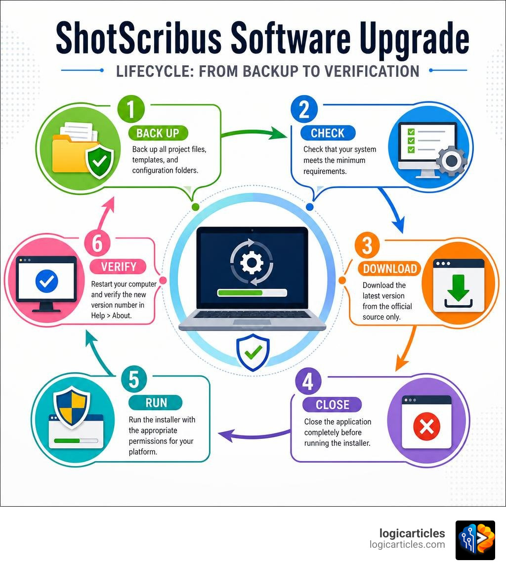 ShotScribus software upgrade lifecycle from backup to verification infographic infographic ShotScribus software upgrade lifecycle from backup to verification infographic infographic