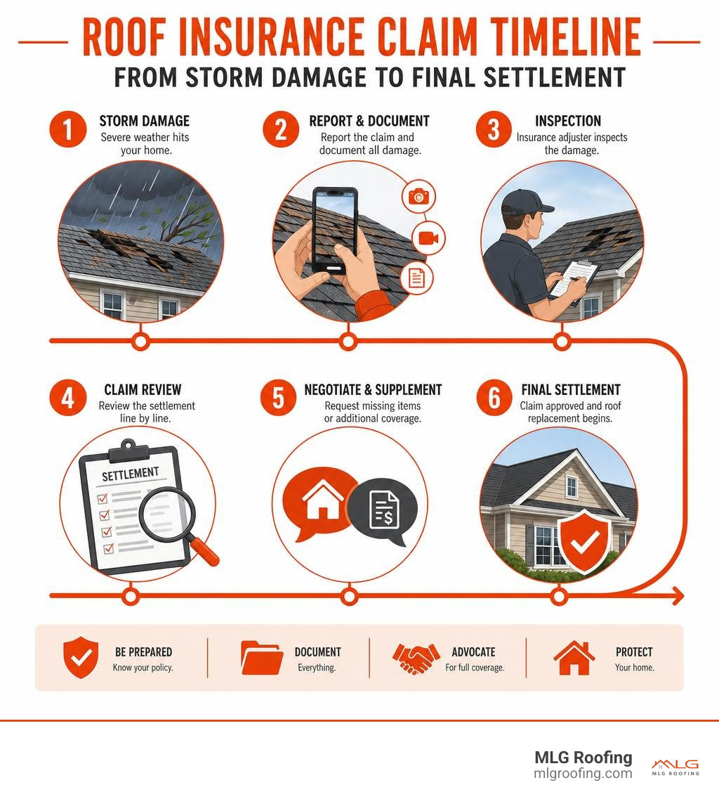 Roof insurance claim timeline from storm damage to final settlement infographic infographic
