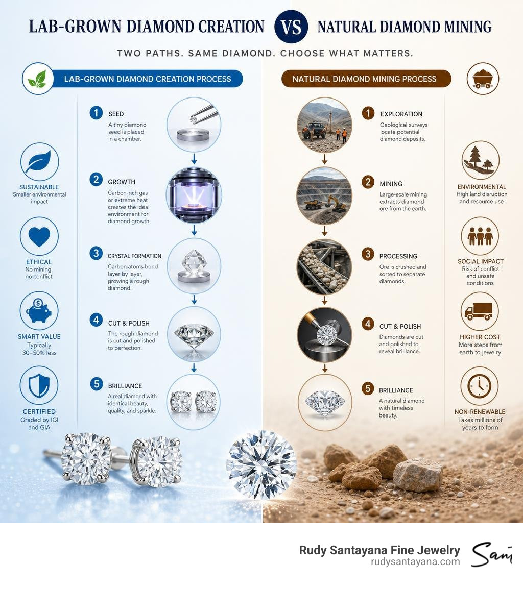 Lab-grown diamond creation process vs natural diamond mining comparison infographic infographic Lab-grown diamond creation process vs natural diamond mining comparison infographic infographic