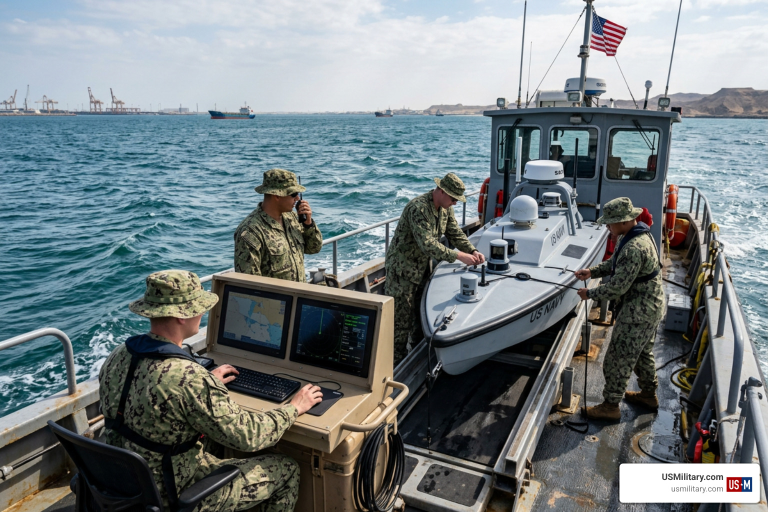 United States military members operating an unmanned sea drone in the Persian Gulf United States military members operating an unmanned sea drone in the Persian Gulf