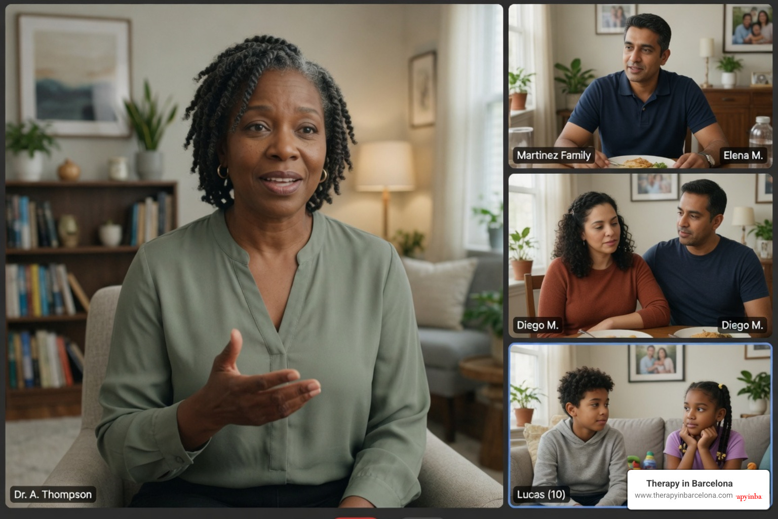 a therapist talking calmly with a family on a screen - Online therapy for families