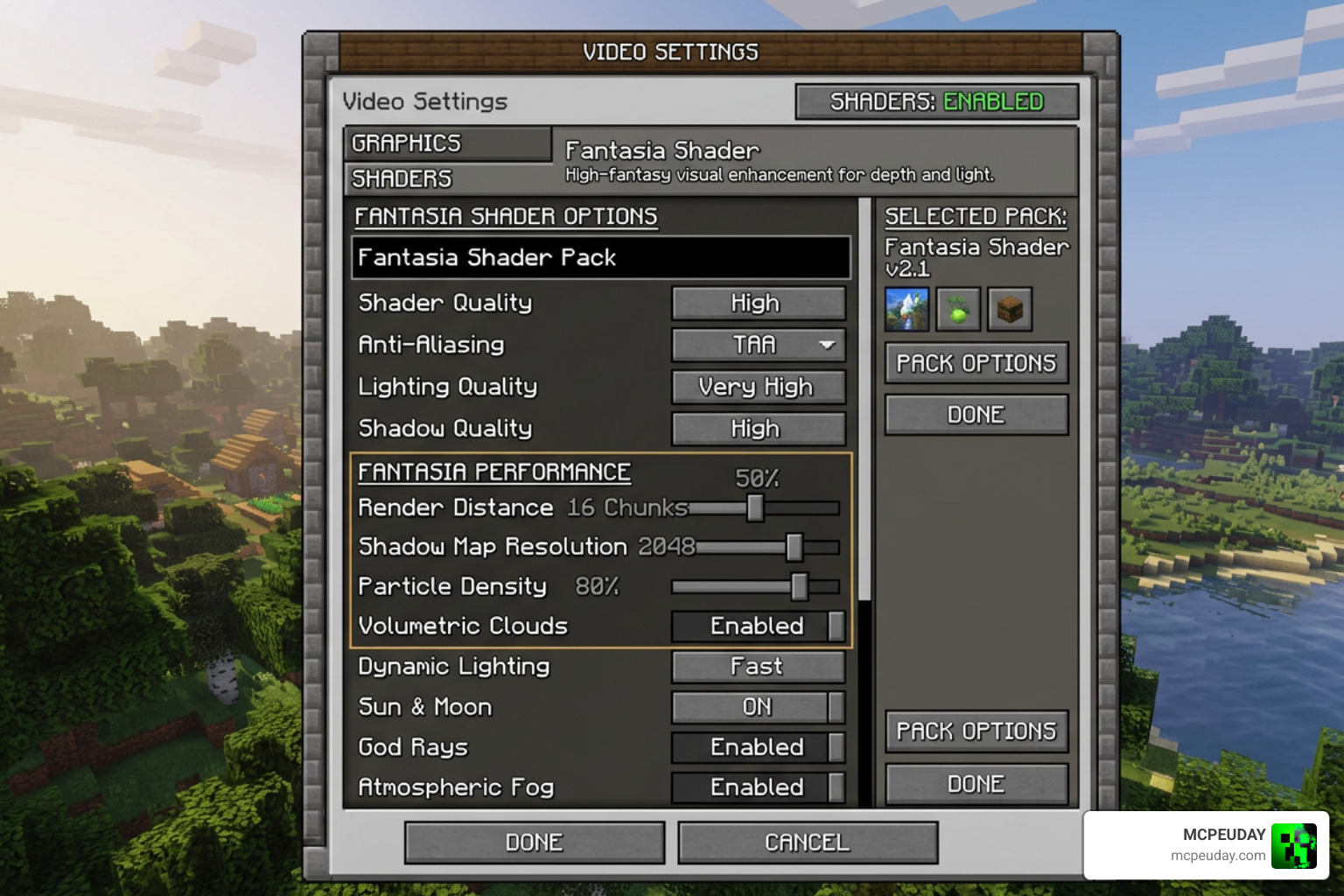Fantasia Shader settings panel showing performance configuration Fantasia Shader settings panel showing performance configuration