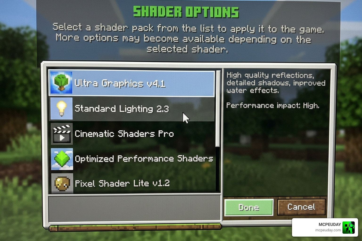 Shader selection menu in Minecraft video settings Shader selection menu in Minecraft video settings