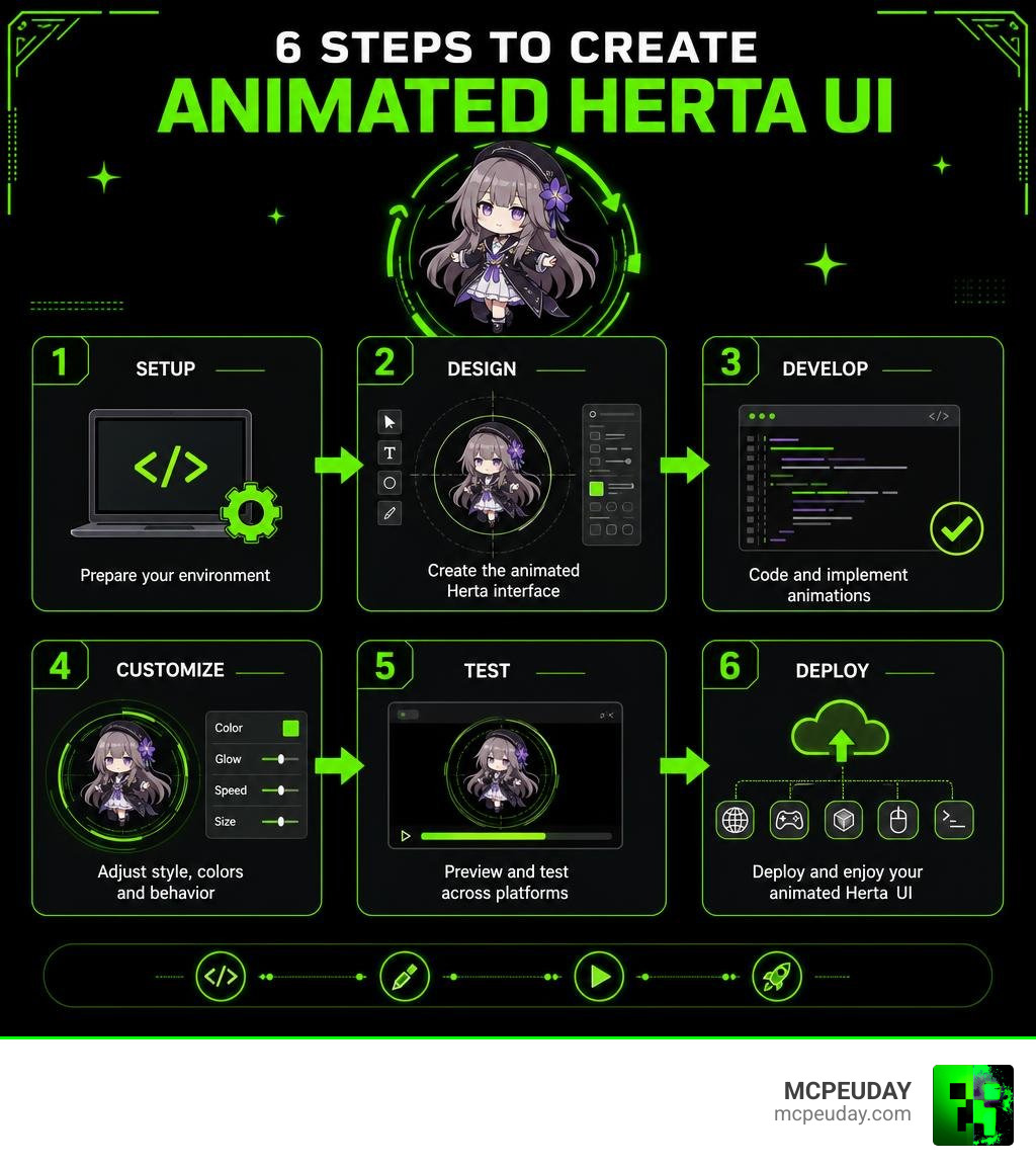 6-step infographic showing how to create an Animated Herta UI from setup to deployment infographic