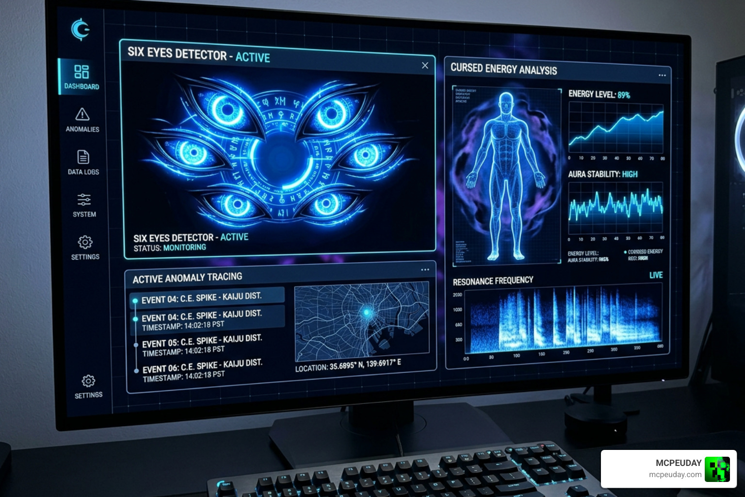 Gojo Six Eyes wallpaper UI integration dark aesthetic glowing blue eyes