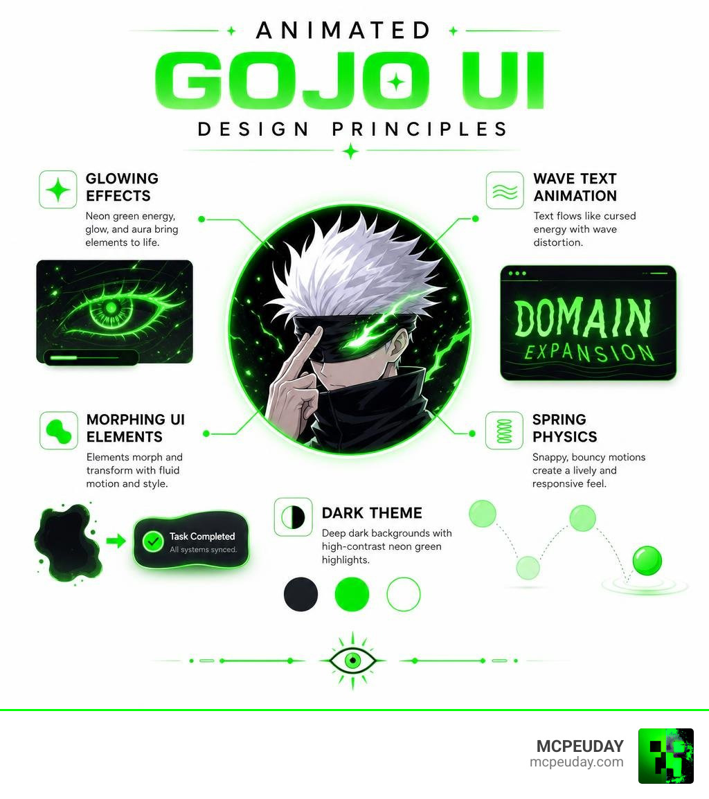 Animated Gojo UI design principles glowing effects wave text morphing spring physics dark theme infographic