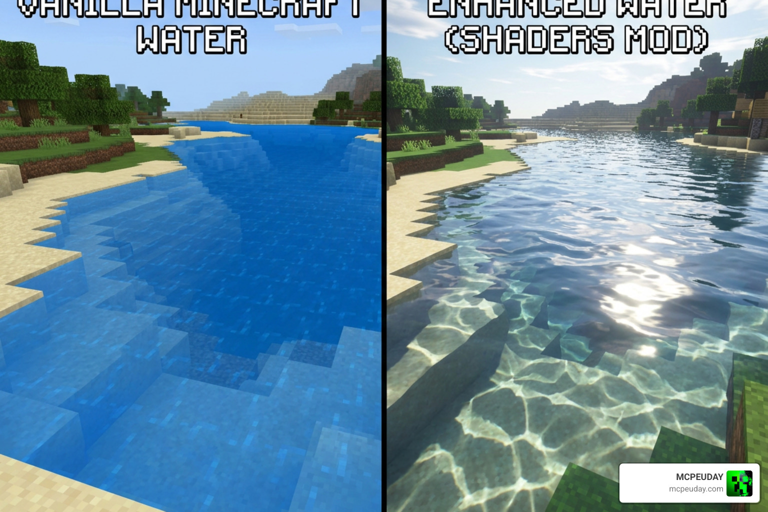 Comparison of vanilla Minecraft water versus Enhanced Vibrant Visuals water reflections