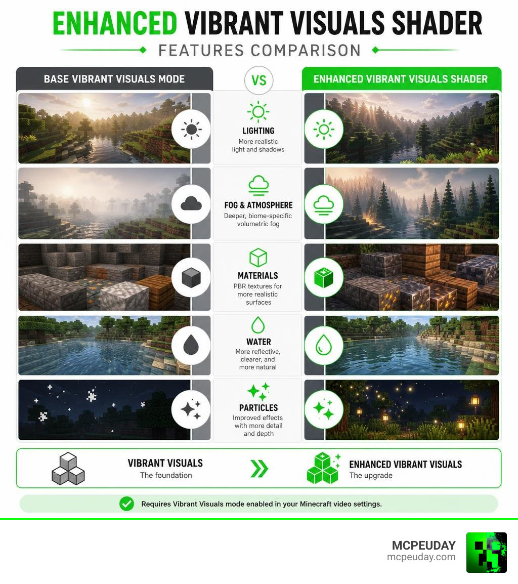 Infographic explaining Enhanced Vibrant Visuals Shader features vs base Vibrant Visuals mode infographic