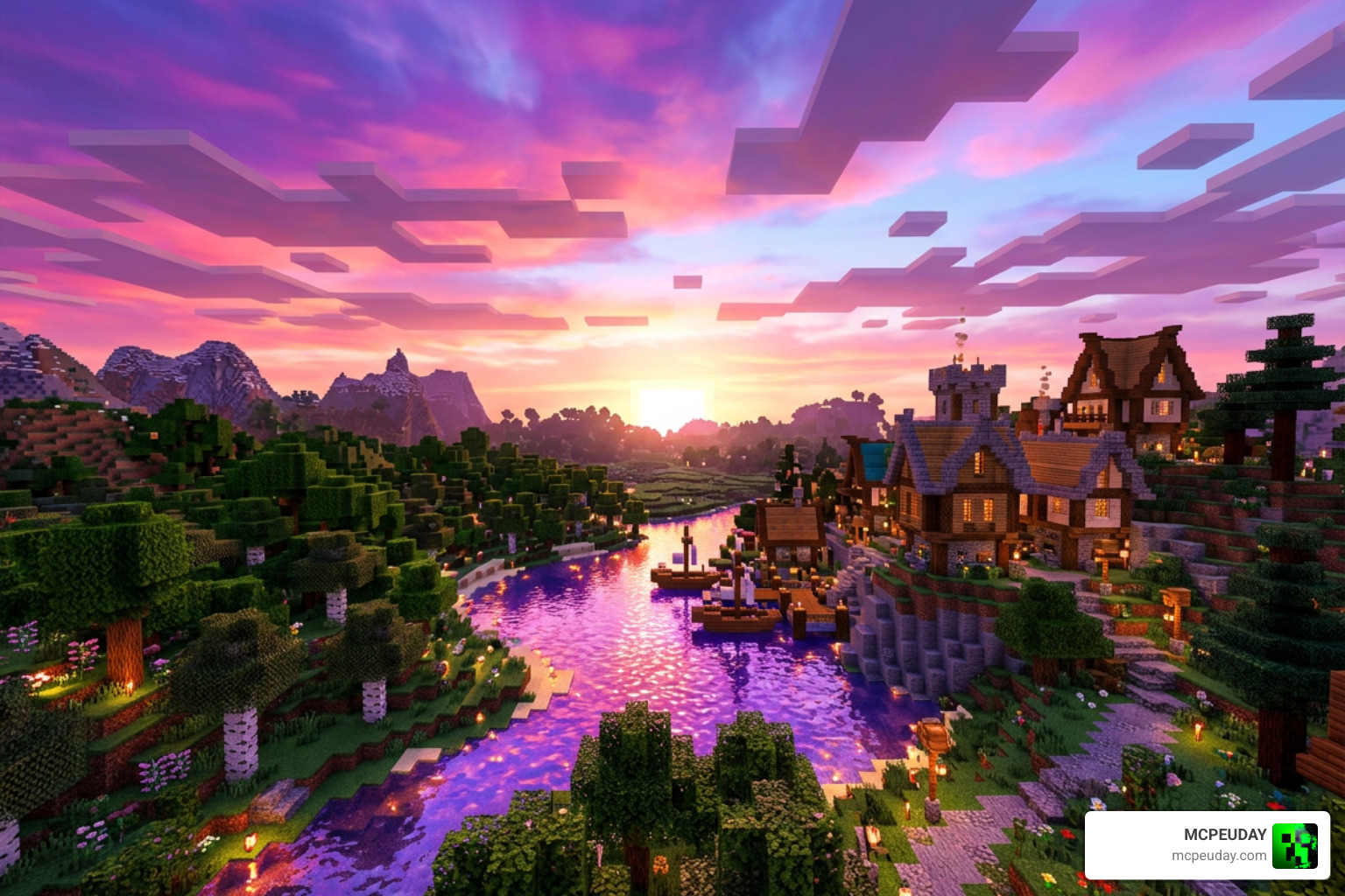 Vibrant fantasy sunset using Velmora Visuals shader in Minecraft PE
