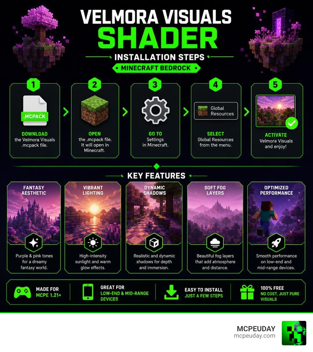 Velmora Visuals Shader installation steps and key features infographic for Minecraft Bedrock infographic