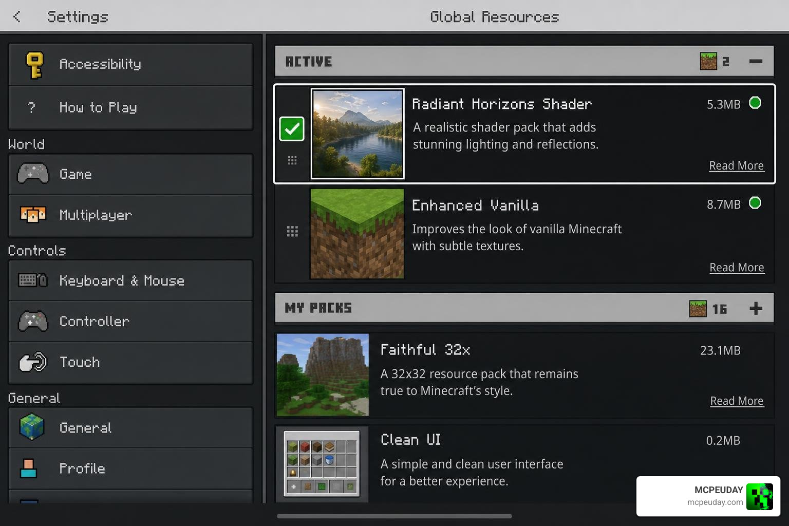 Minecraft global resources settings menu for shader activation