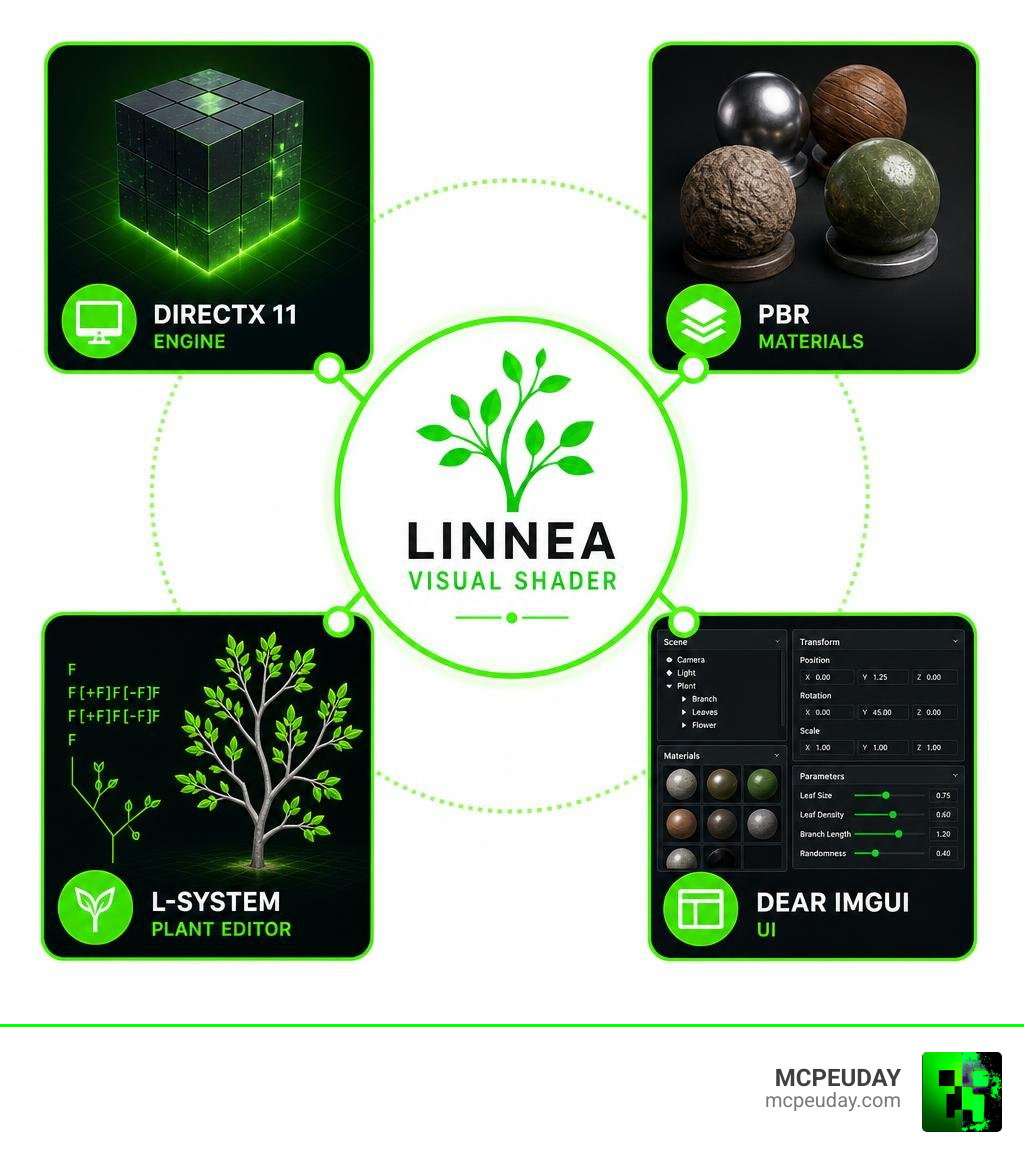 Infographic showing Linnea Visual SHADER components: DirectX 11 engine, PBR materials, L-system plant editor, Dear ImGui UI