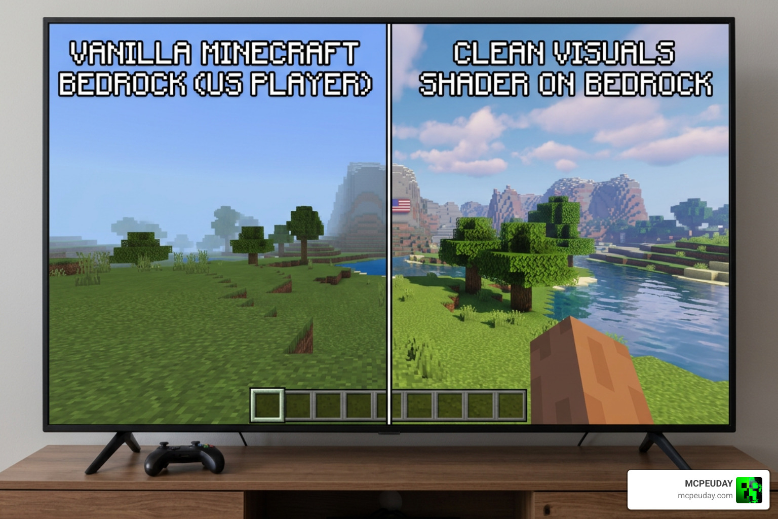 Side-by-side comparison of Minecraft vanilla graphics versus Clean Visuals SHADER