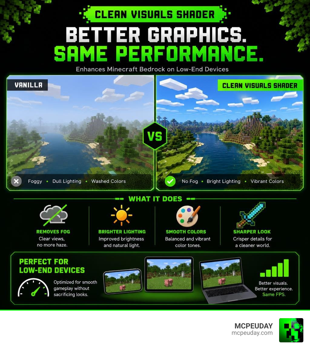 Infographic showing how Clean Visuals SHADER improves Minecraft Bedrock graphics on low-end devices infographic