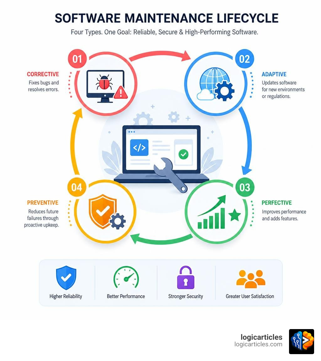 Software maintenance lifecycle infographic showing four types corrective adaptive perfective preventive infographic Software maintenance lifecycle infographic showing four types corrective adaptive perfective preventive infographic