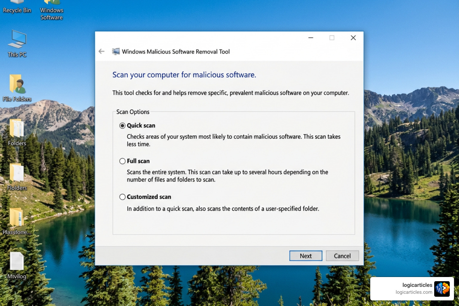Windows Malicious Software Removal Tool scan selection screen showing Quick, Full, and Customized Scan options Windows Malicious Software Removal Tool scan selection screen showing Quick, Full, and Customized Scan options