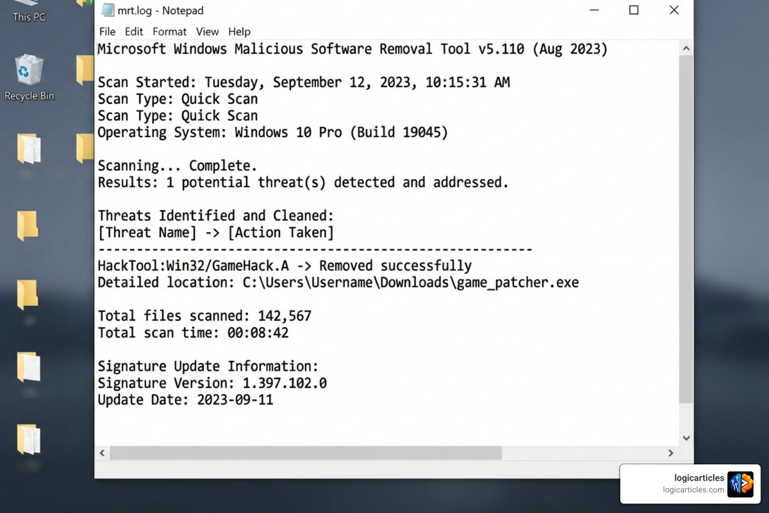 mrt.log file opened in Notepad showing scan results and threat signatures mrt.log file opened in Notepad showing scan results and threat signatures