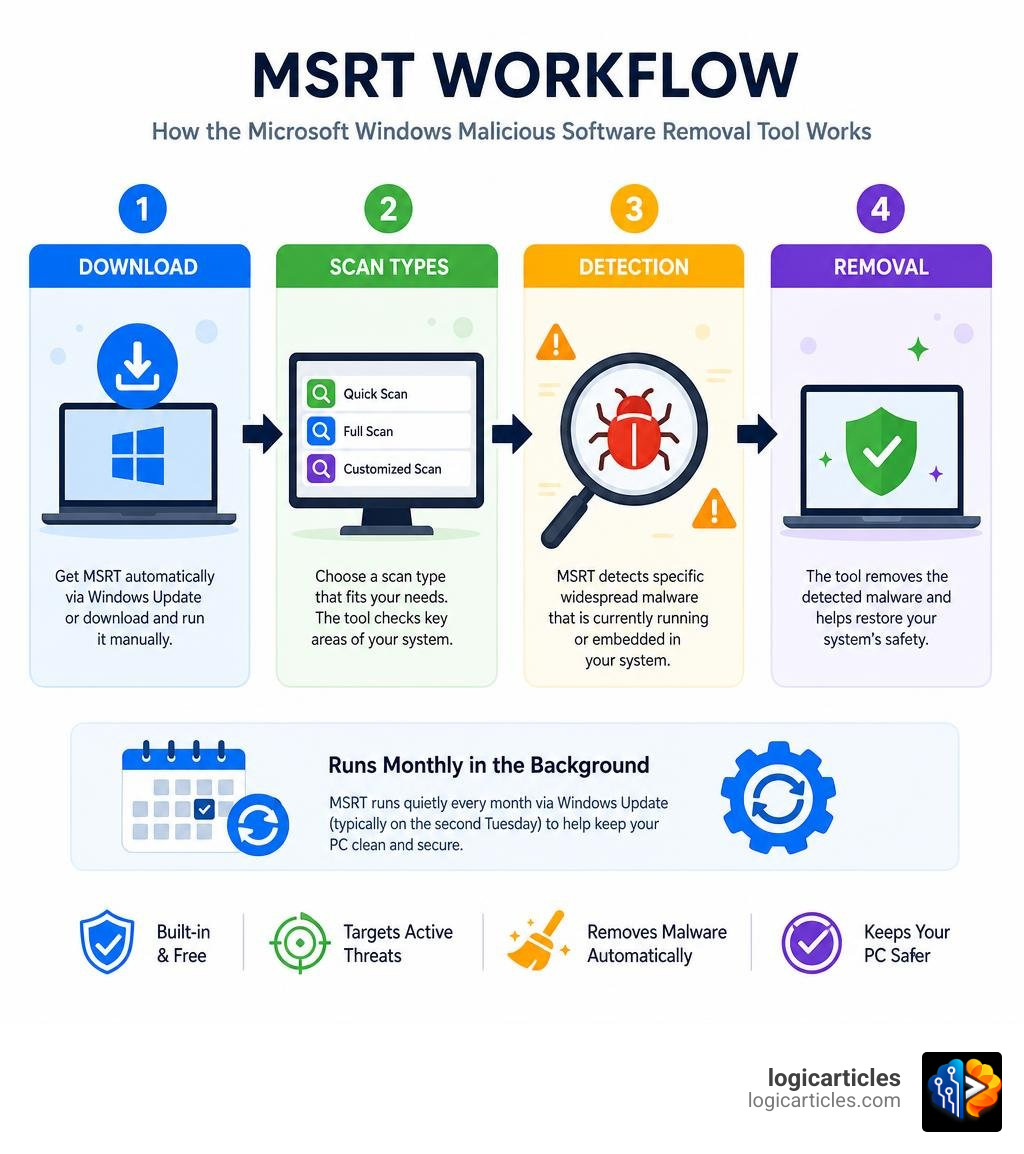 MSRT workflow infographic showing download, scan types, detection, and removal steps infographic MSRT workflow infographic showing download, scan types, detection, and removal steps infographic