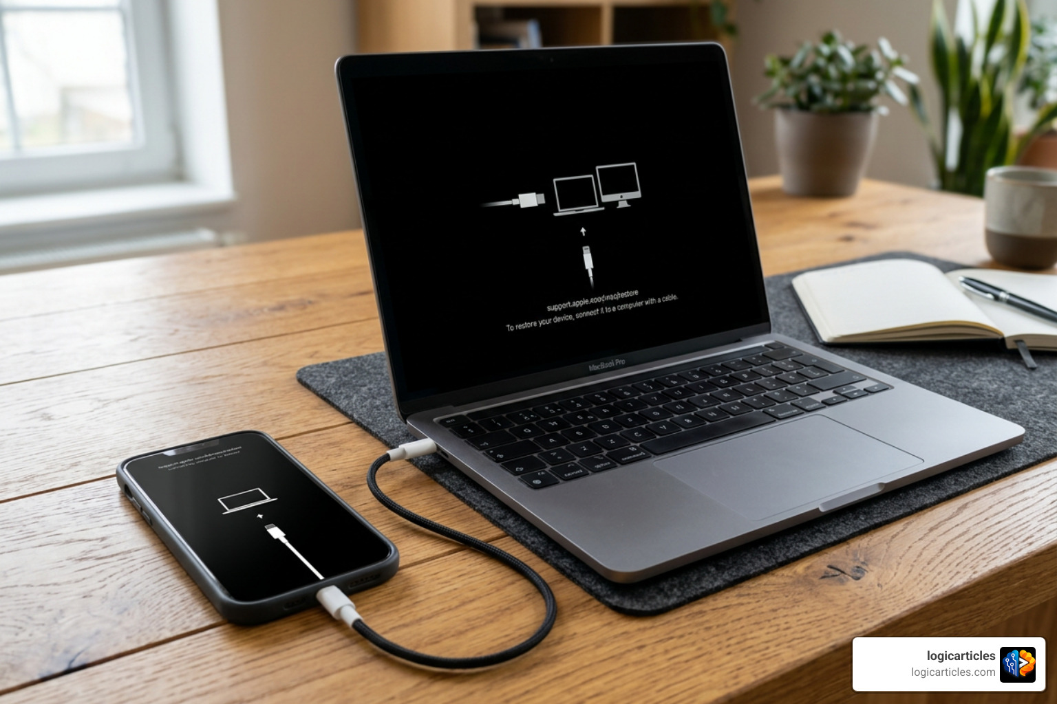 A phone connected to a computer for update recovery