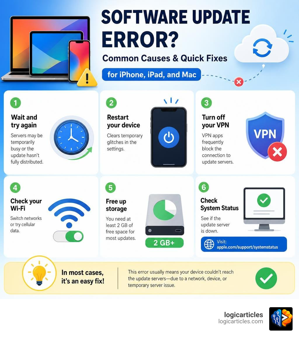 Common causes and quick fixes for software update errors on iPhone, iPad, and Mac infographic