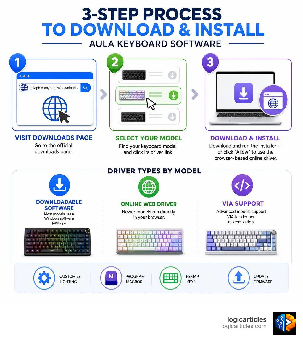 3-step process to download and install AULA keyboard software with model selection and driver types infographic