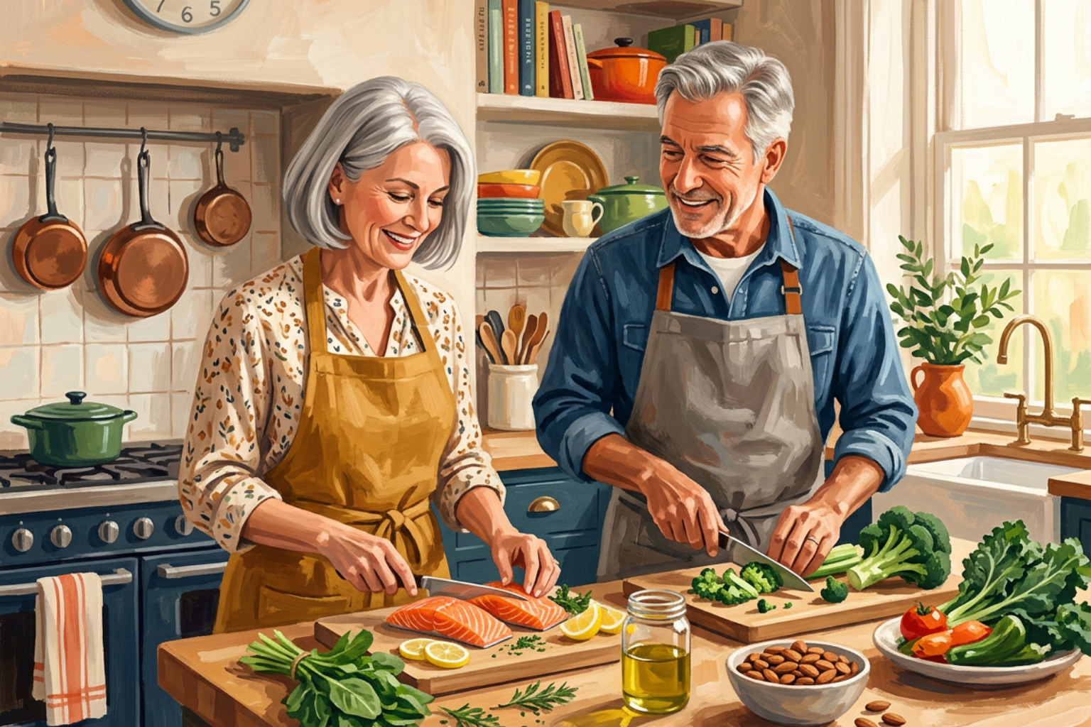 An older couple preparing a meal with fresh greens, almonds, and salmon in a warm kitchen