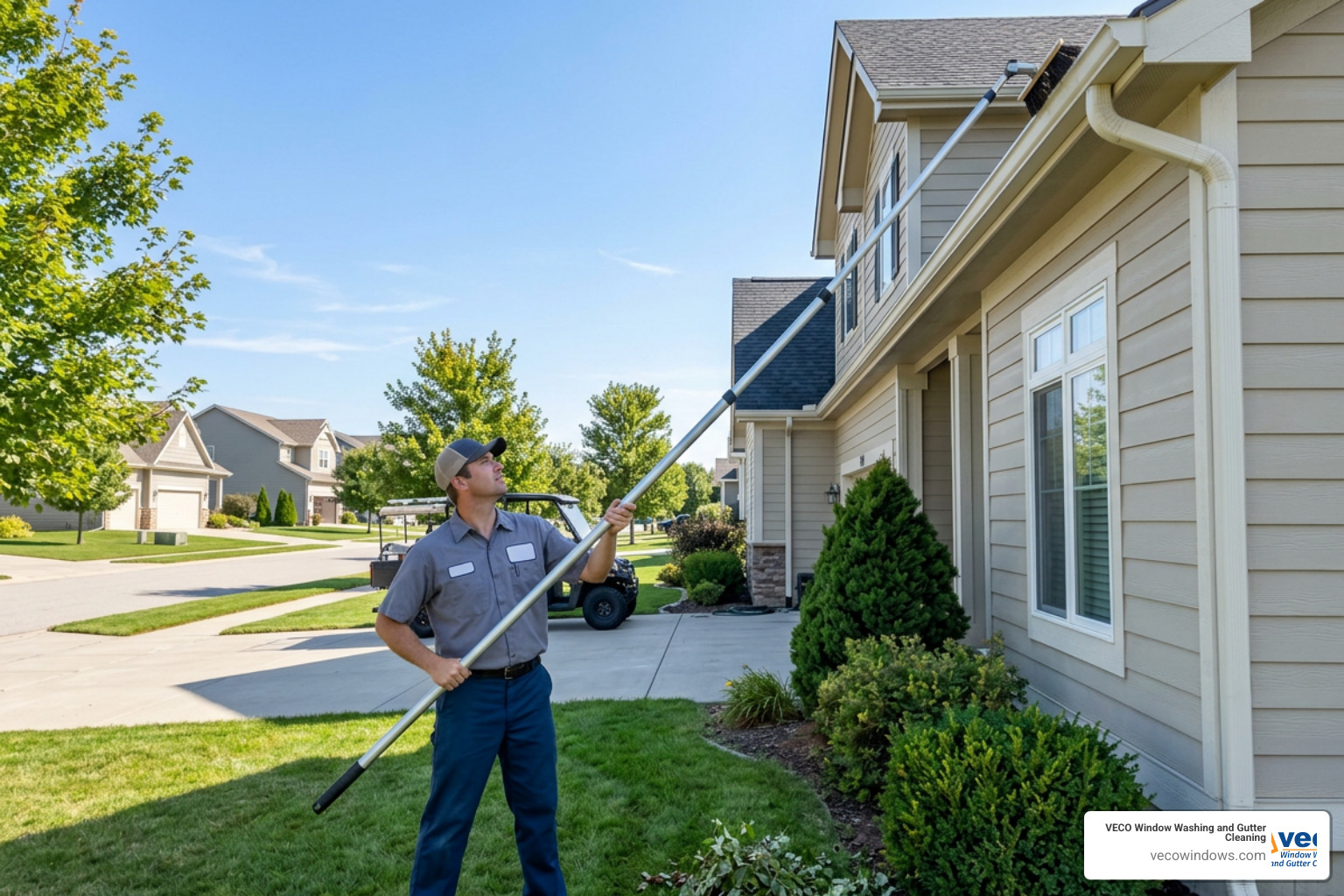technician cleaning gutters safely from the ground using a telescopic pole