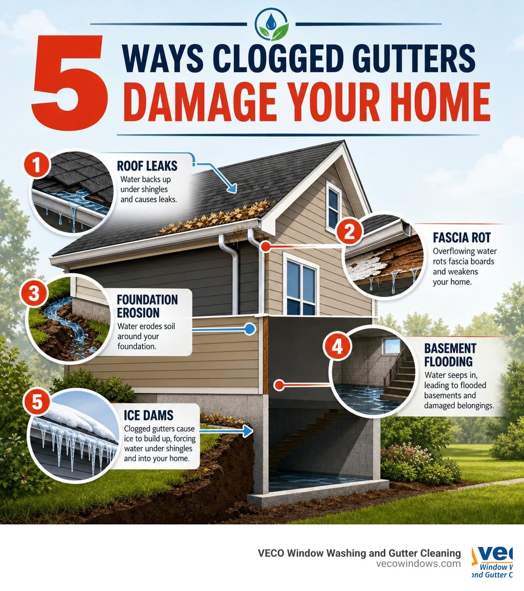 Infographic: 5 ways clogged gutters damage your home — roof leaks, fascia rot, foundation erosion, basement flooding, ice
