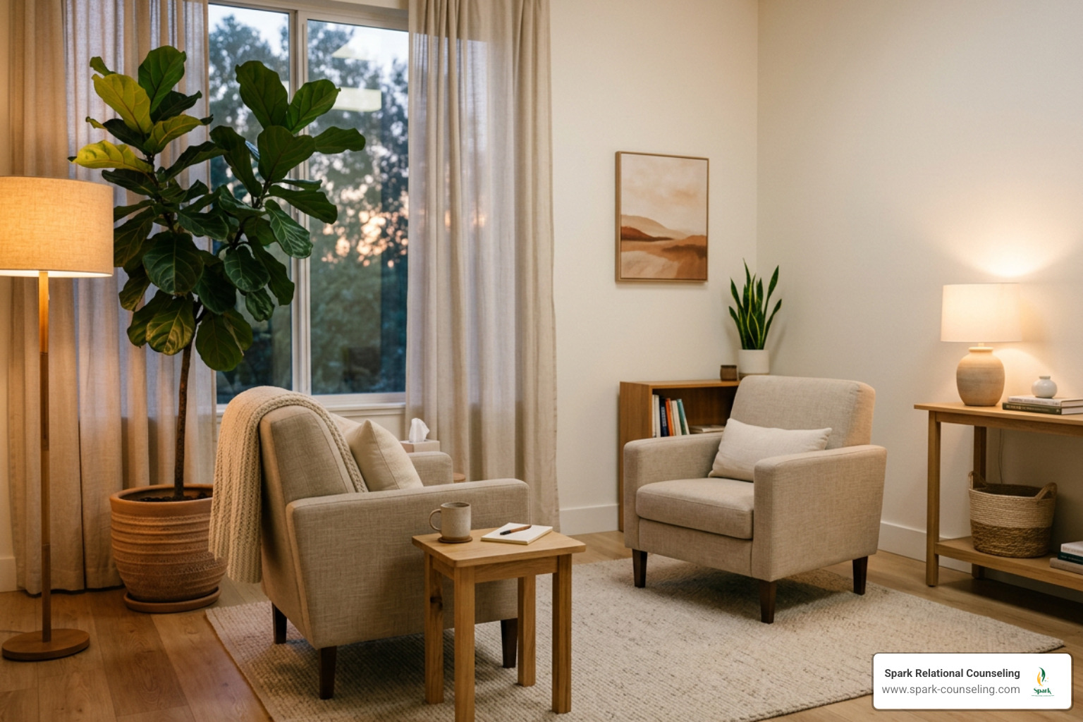 warm minimalist therapy office with soft amber lighting and calming neutral decor