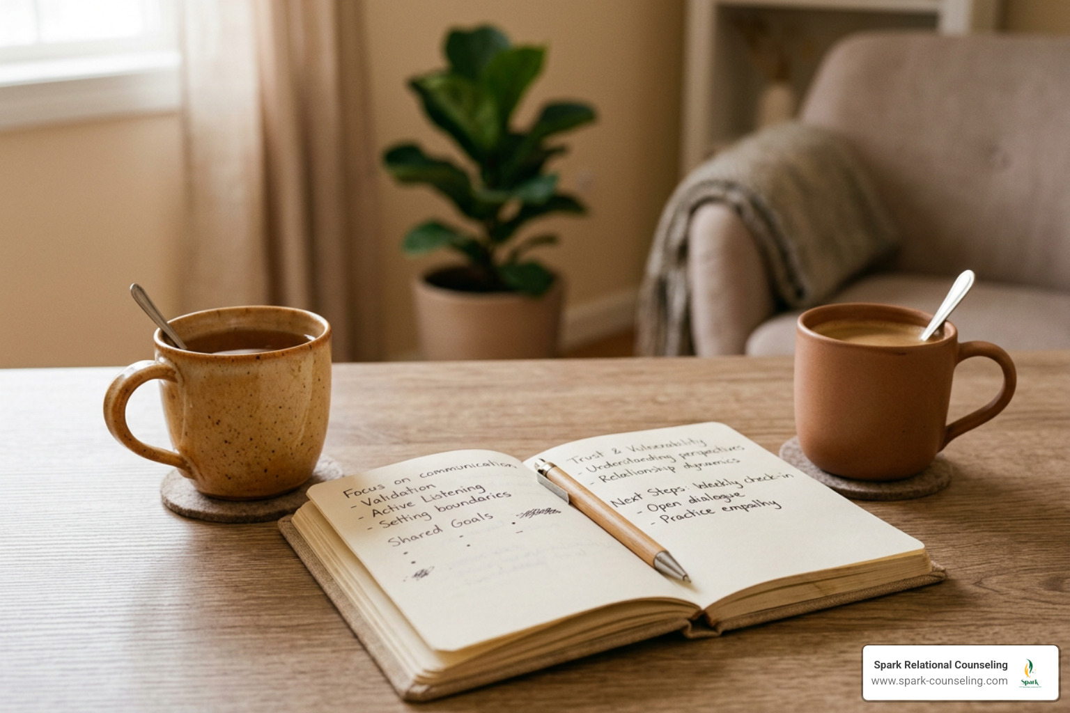 two mugs and a notebook in a warm minimalist therapy setting
