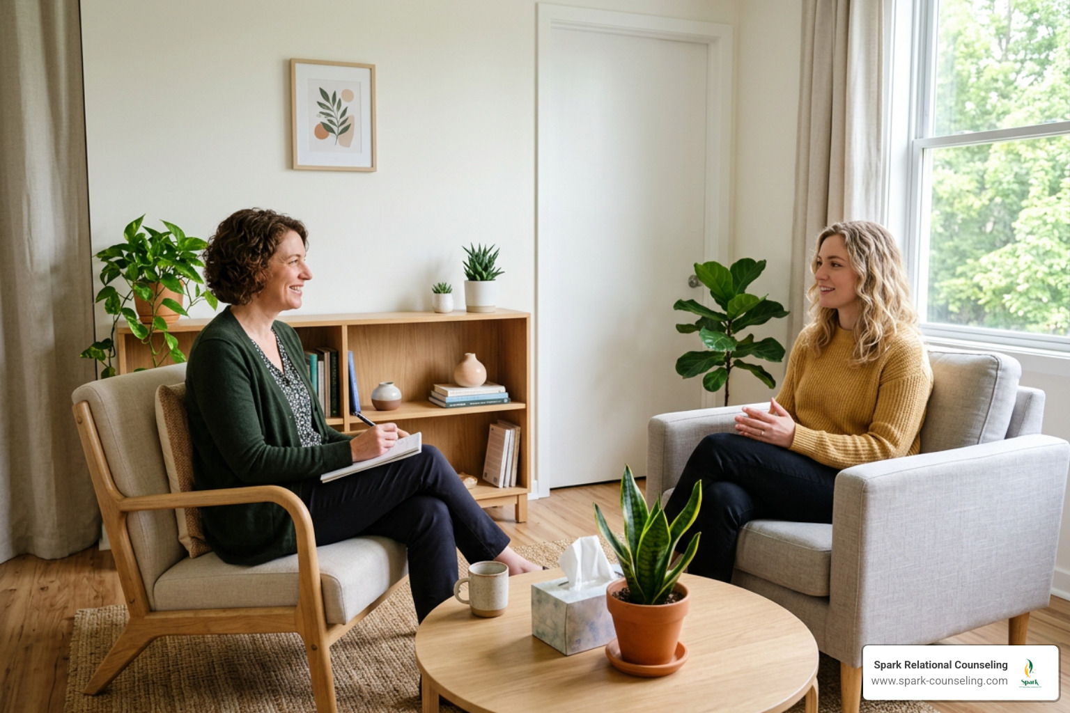 bright warm therapy session in a welcoming counseling office with soft natural light