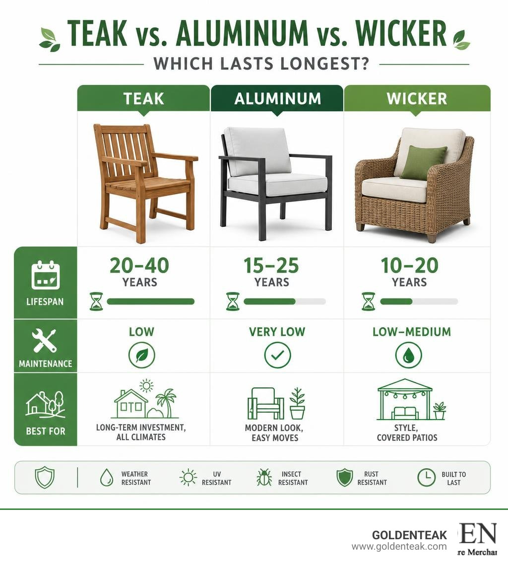 Infographic comparing teak vs aluminum vs wicker outdoor furniture lifespan and maintenance infographic Infographic comparing teak vs aluminum vs wicker outdoor furniture lifespan and maintenance infographic