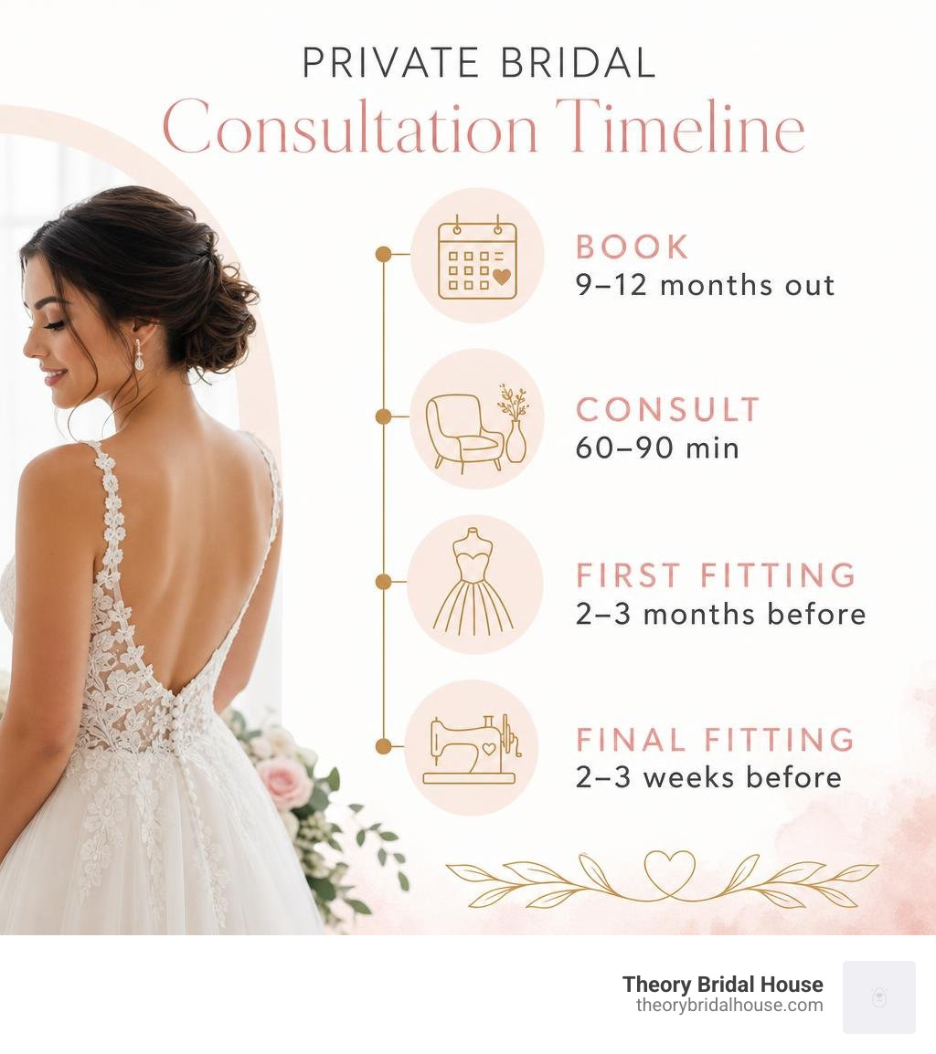 Infographic: Private Bridal Consultation Timeline - Book 9-12 months out, Consult 60-90 min, First Fitting 2-3 months
