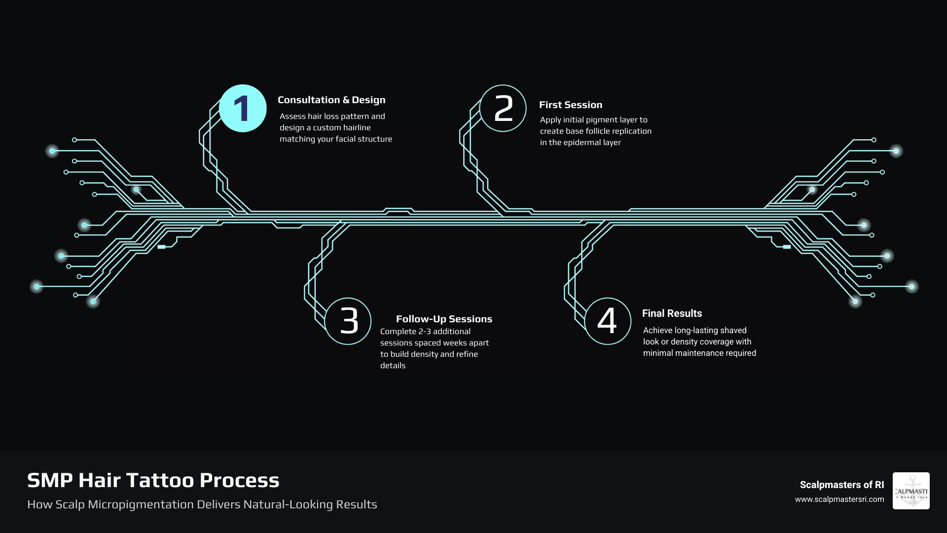 Scalp micropigmentation process steps, session breakdown, and treatment outcomes infographic infographic Scalp micropigmentation process steps, session breakdown, and treatment outcomes infographic infographic