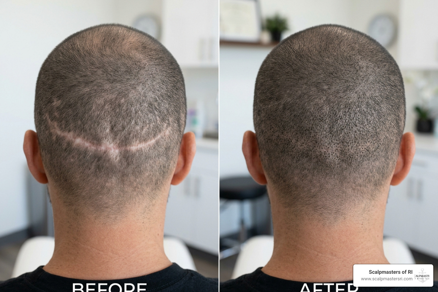 Scar camouflage scalp micropigmentation before and after Scar camouflage scalp micropigmentation before and after