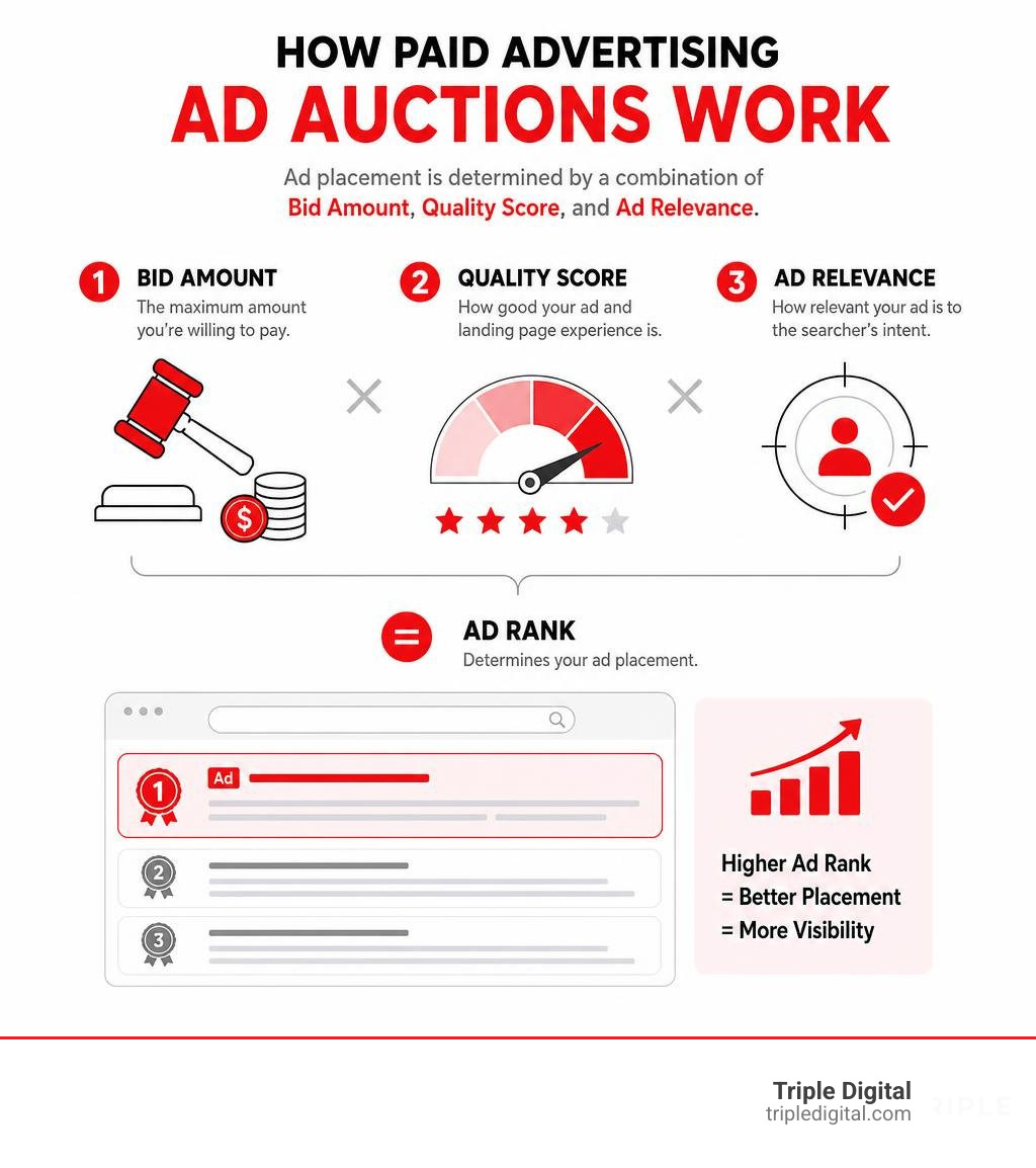 Infographic showing how paid advertising ad auctions work: bid amount, quality score, and ad relevance determine placement Infographic showing how paid advertising ad auctions work: bid amount, quality score, and ad relevance determine placement