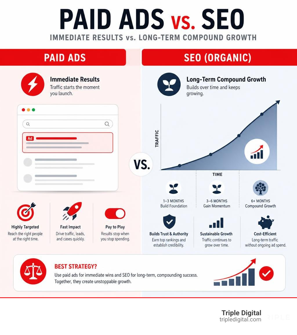 Infographic comparing the immediate results of paid ads with the long-term compound growth of SEO infographic Infographic comparing the immediate results of paid ads with the long-term compound growth of SEO infographic